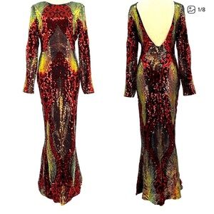 Elegant Backless Sequin Dress - Black, Red, Yellow and Gold